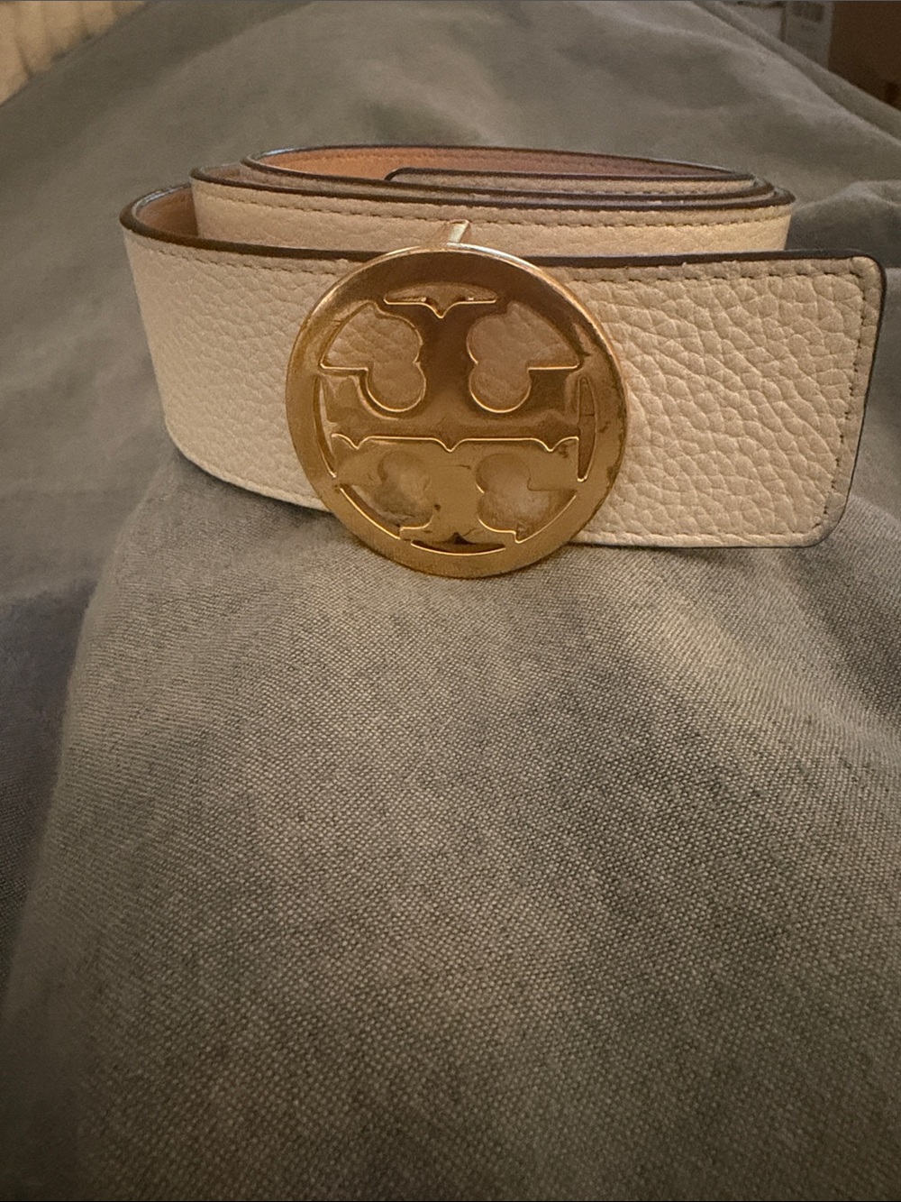 Tory Burch White Leather Belt with Gold Logo Disc Buckle